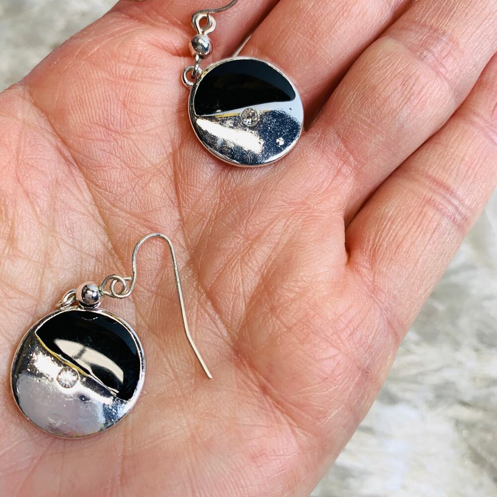 y2k Black Silver Inlaid Disc Dangle Earrings 1.5" total drop